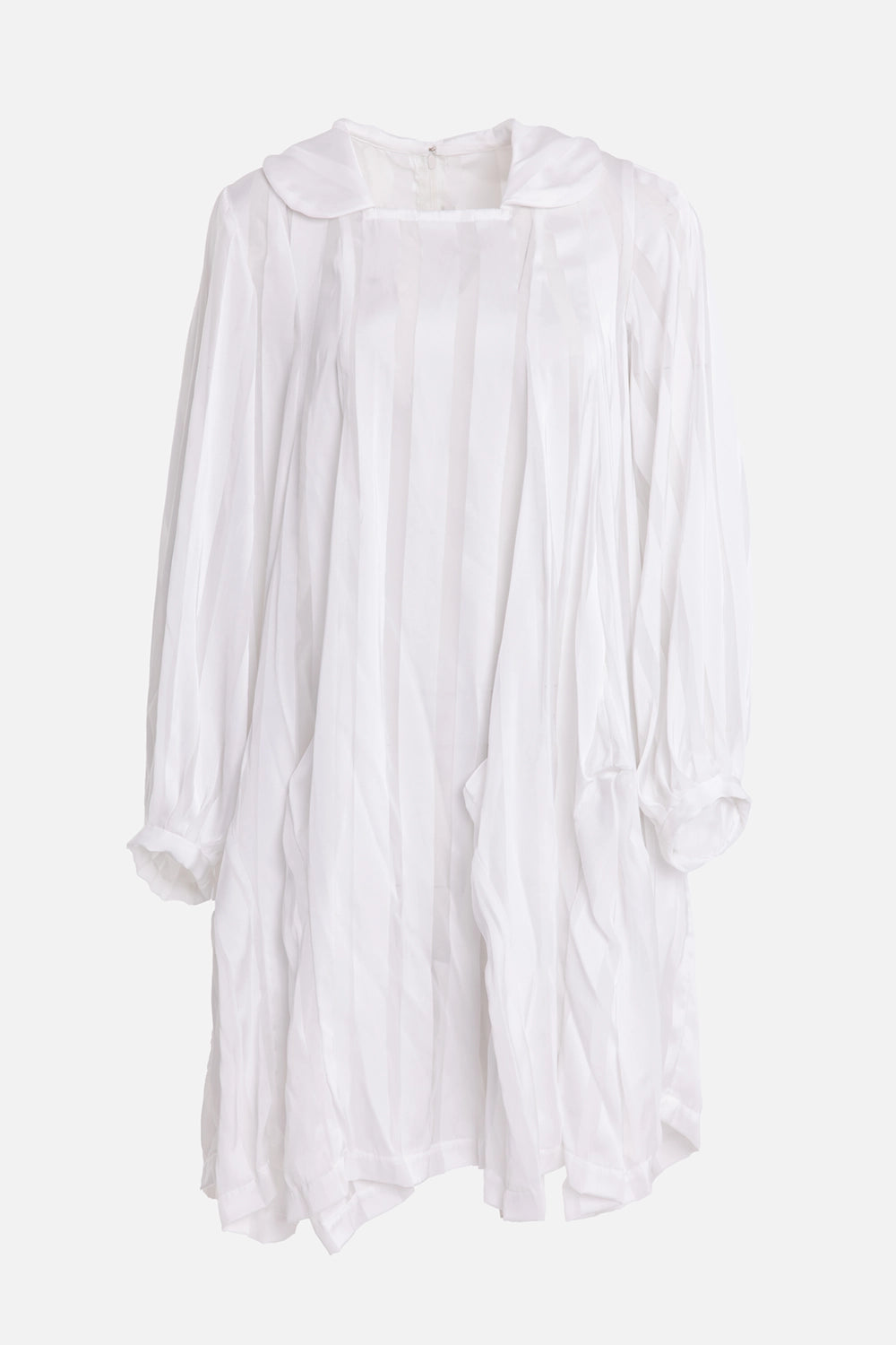 Comme des Garçons women's mini dress in white, front view, rounded collar and vertical sheer pleats