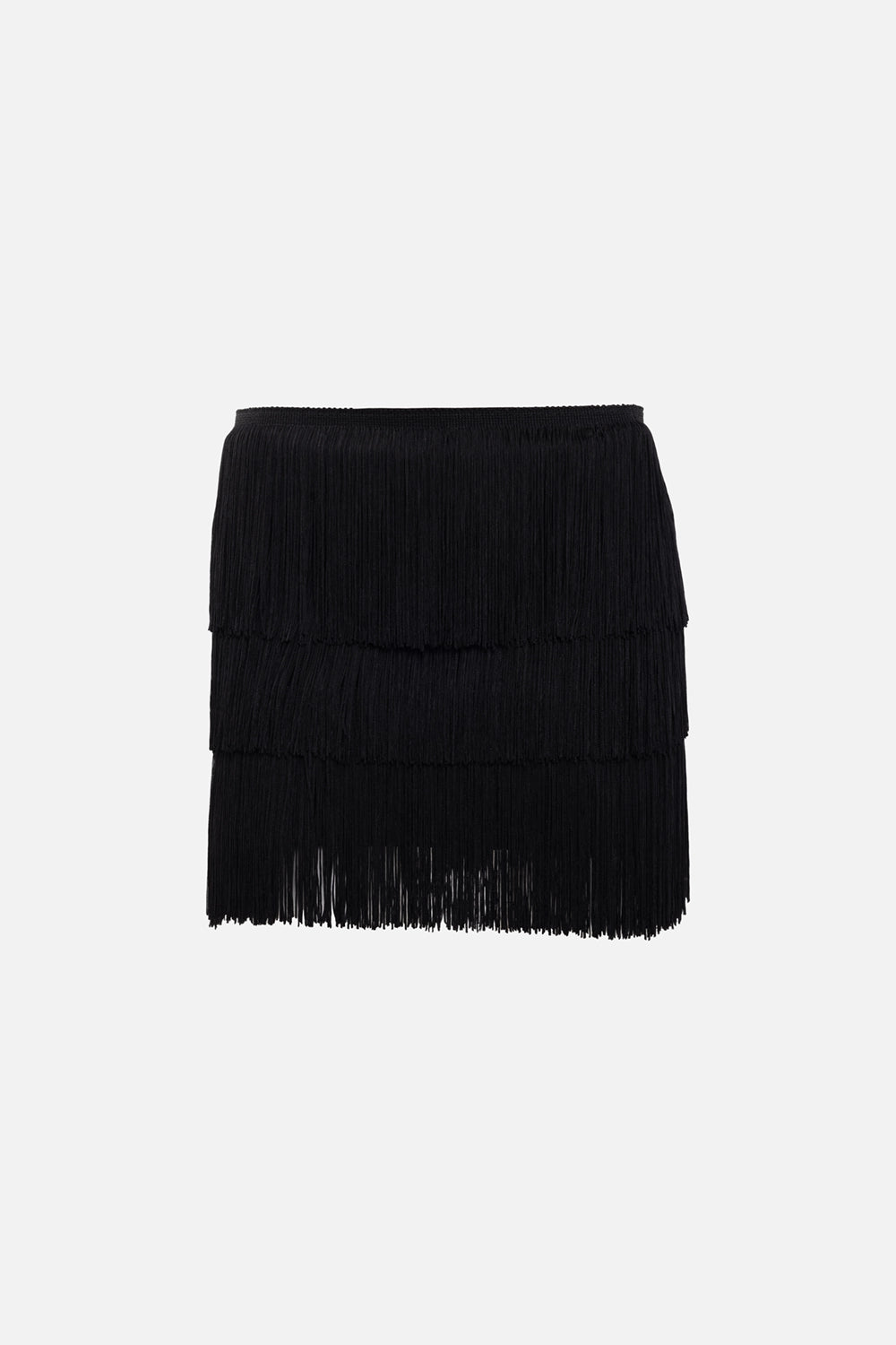 Norma Kamali women's mini skirt in black, back view, elasticated waistband with layered fringe tiers