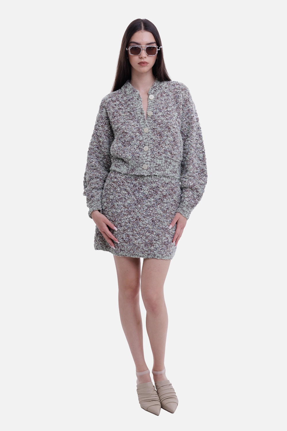 By Malene Birger women's mini skirt in Seacrest, on-model view with textured bouclé knit and ribbed waist