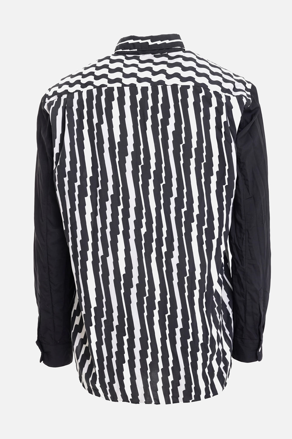 Comme des Garçons Homme Plus men's shirt in white/black, back view with vertical wavy stripes and black sleeves