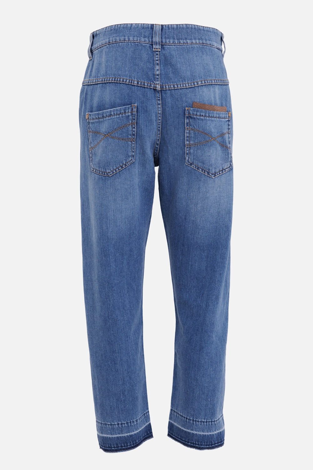 Brunello Cucinelli women's straight-leg jeans in blue, back view with crossed pocket stitching and faded hems