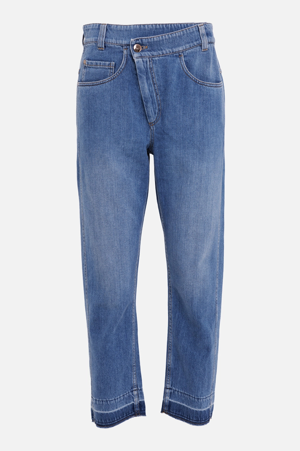 Brunello Cucinelli women's straight-leg jeans in blue, front view with waist button and curved pockets