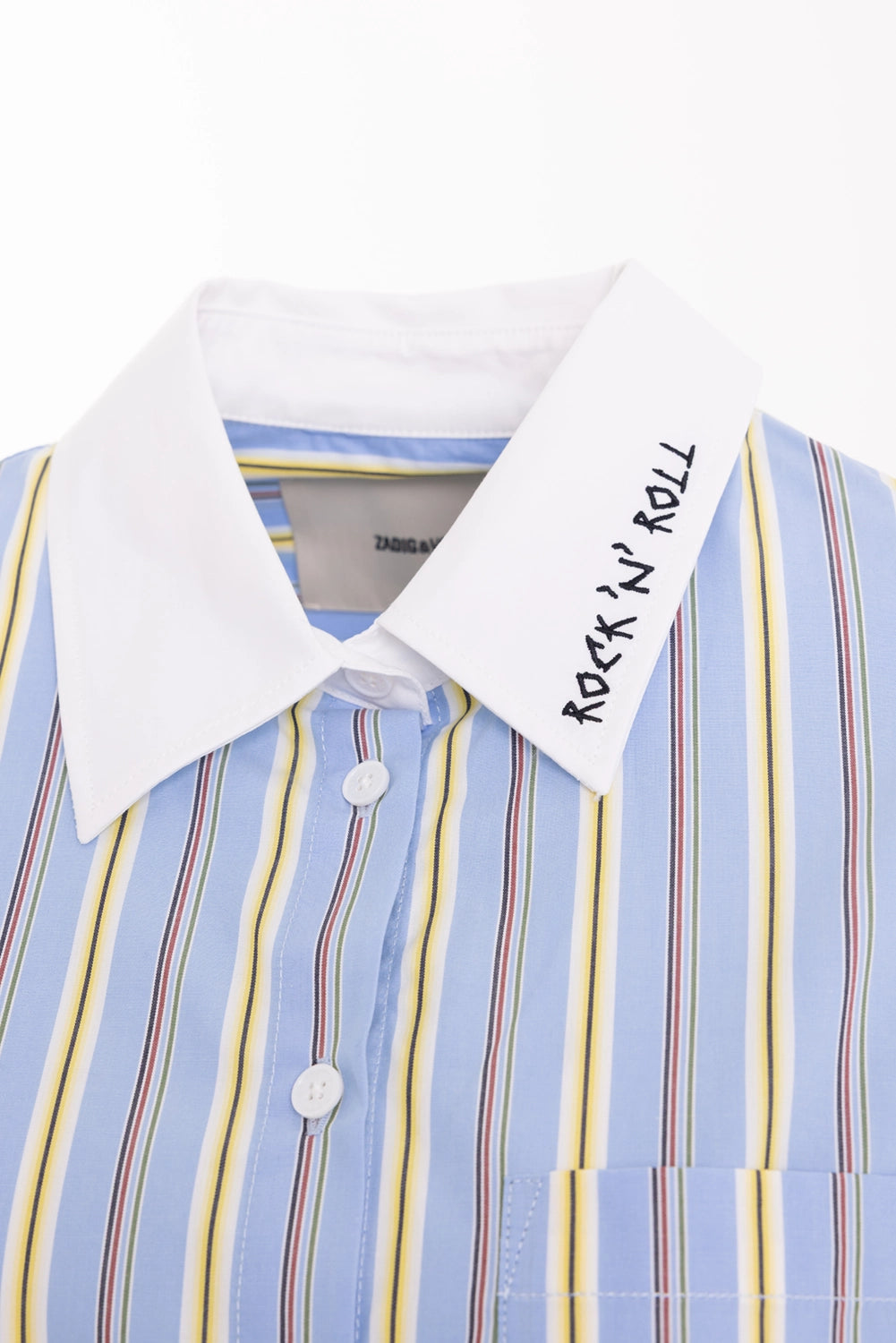Zadig&Voltaire women's striped poplin shirt in blue Sixtine, collar detail with Rock'N'Roll embroidery