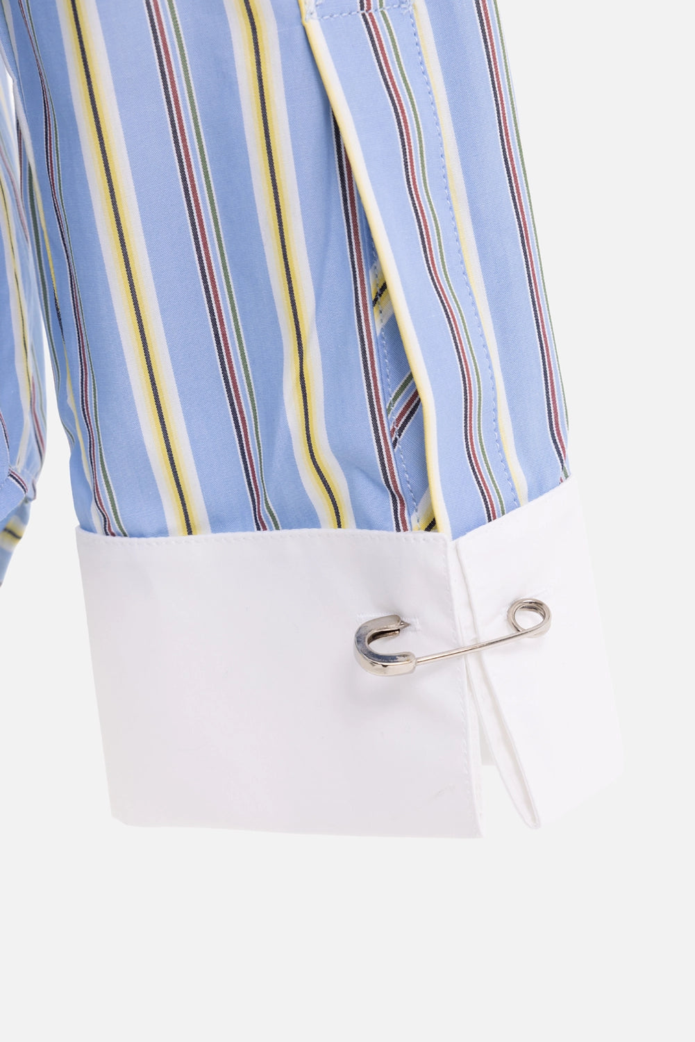 Zadig&Voltaire women's striped poplin shirt in blue Sixtine, cuff detail with white cuff and silver safety pin