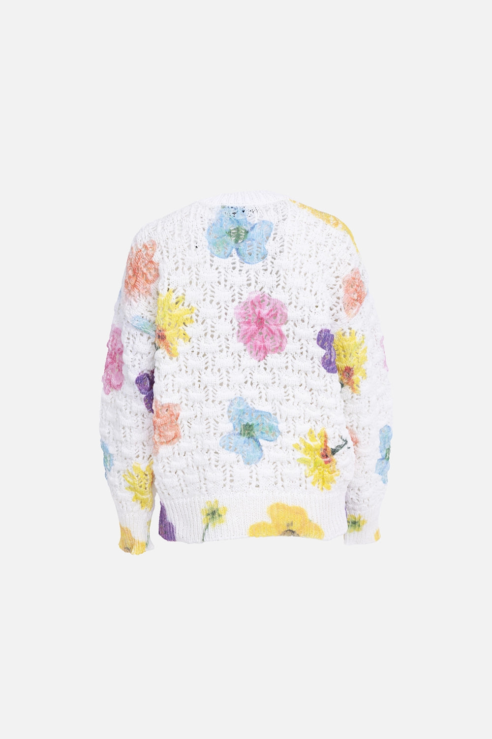 MSGM white open-knit sweater with multicolor floral motif, back view