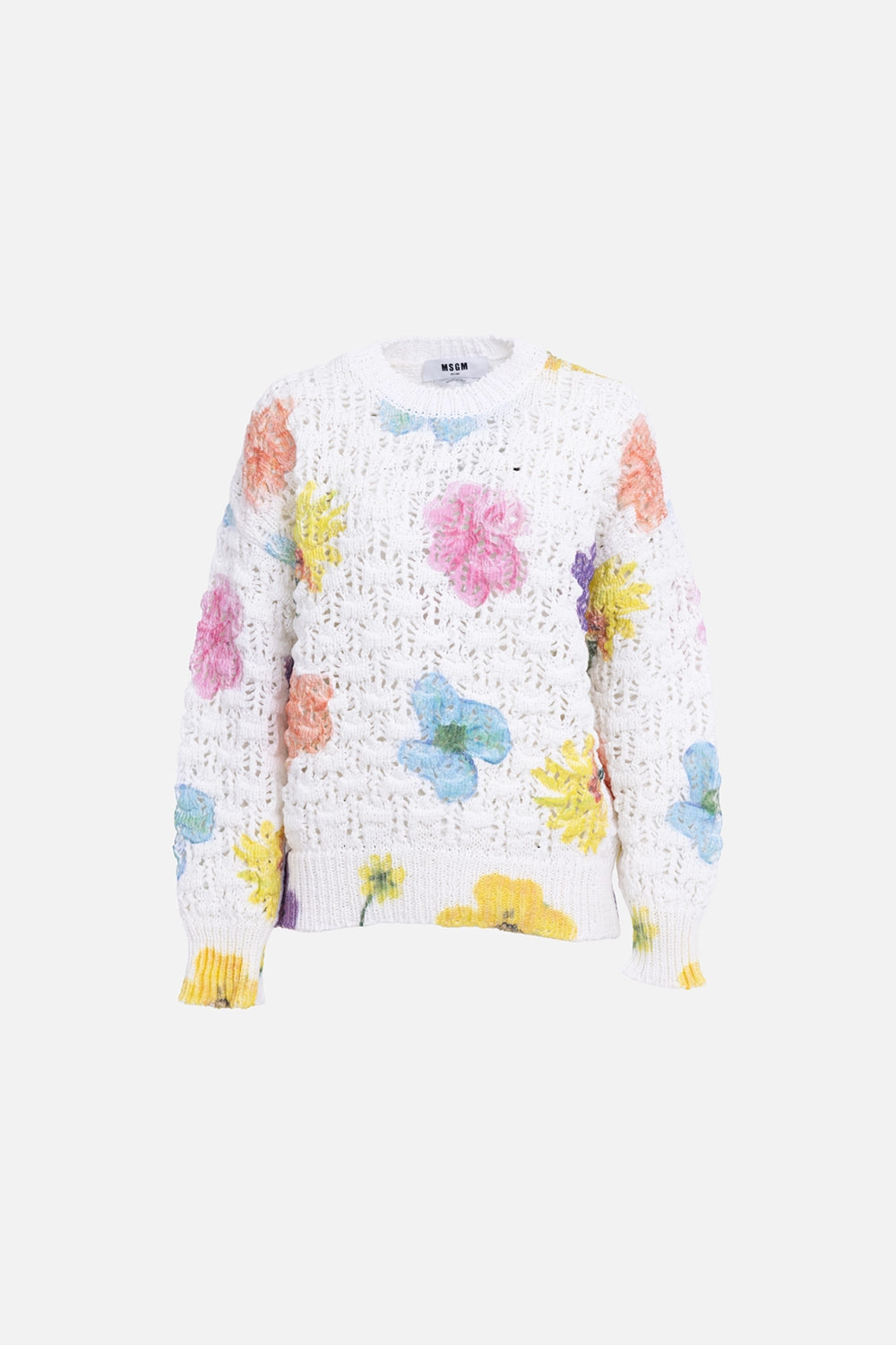 MSGM white open-knit sweater with multicolor floral motif, front view