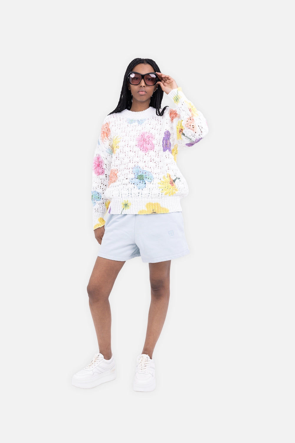MSGM white open-knit sweater with multicolor floral motif, on-model fit
