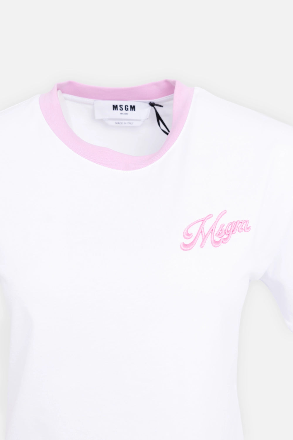 White MSGM ringer T-shirt with pink trims, on-model fit