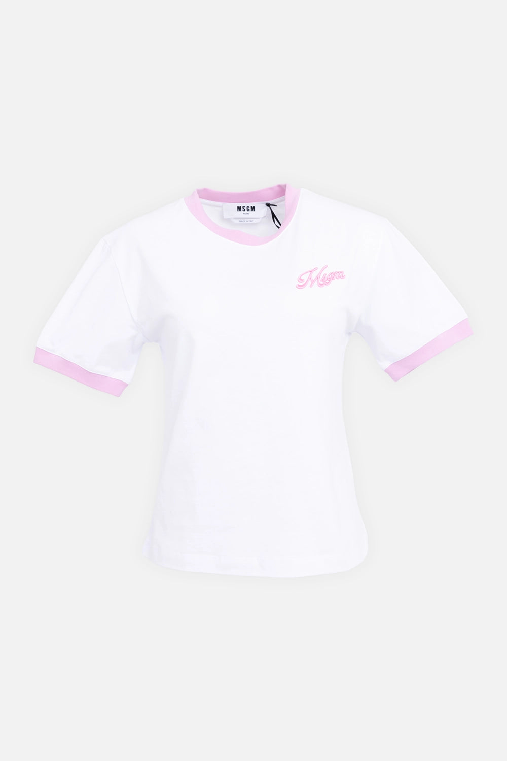 White MSGM ringer T-shirt with pink trims and embroidered logo, front view