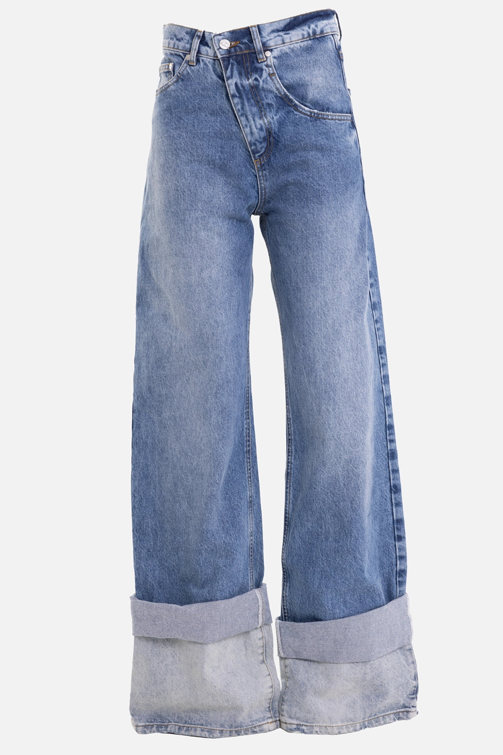 Natasha Zinko unisex jeans in light wash, front view, folded cuffs and angled fly seam