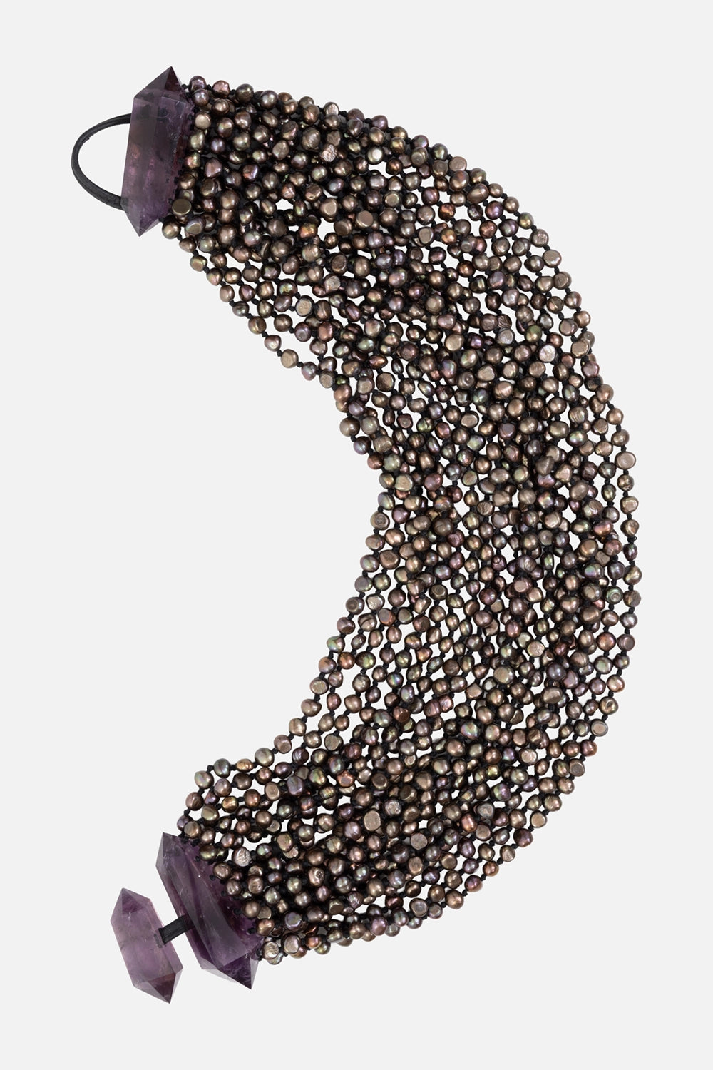 Monies women's multi-strand necklace in amethyst and black, hardware close-up, faceted amethyst point toggle clasp.