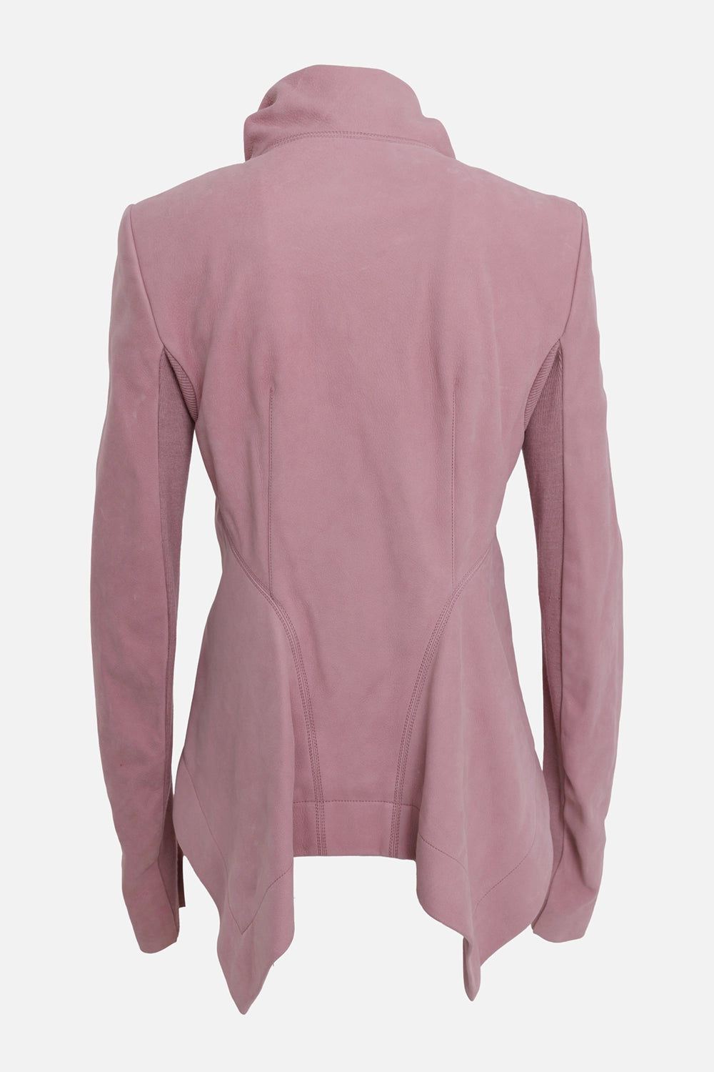 Rick Owens women's Naska biker jacket in dusty pink, back view, peplum hem and knit sleeve inserts