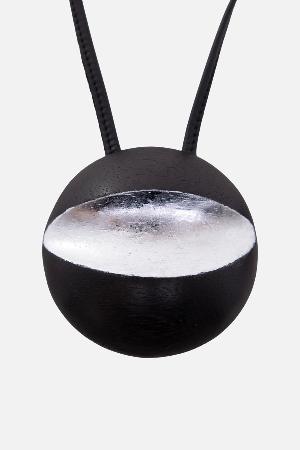 Monies women's necklace in black/silver, pendant detail, brushed metallic oval panel and wood grain