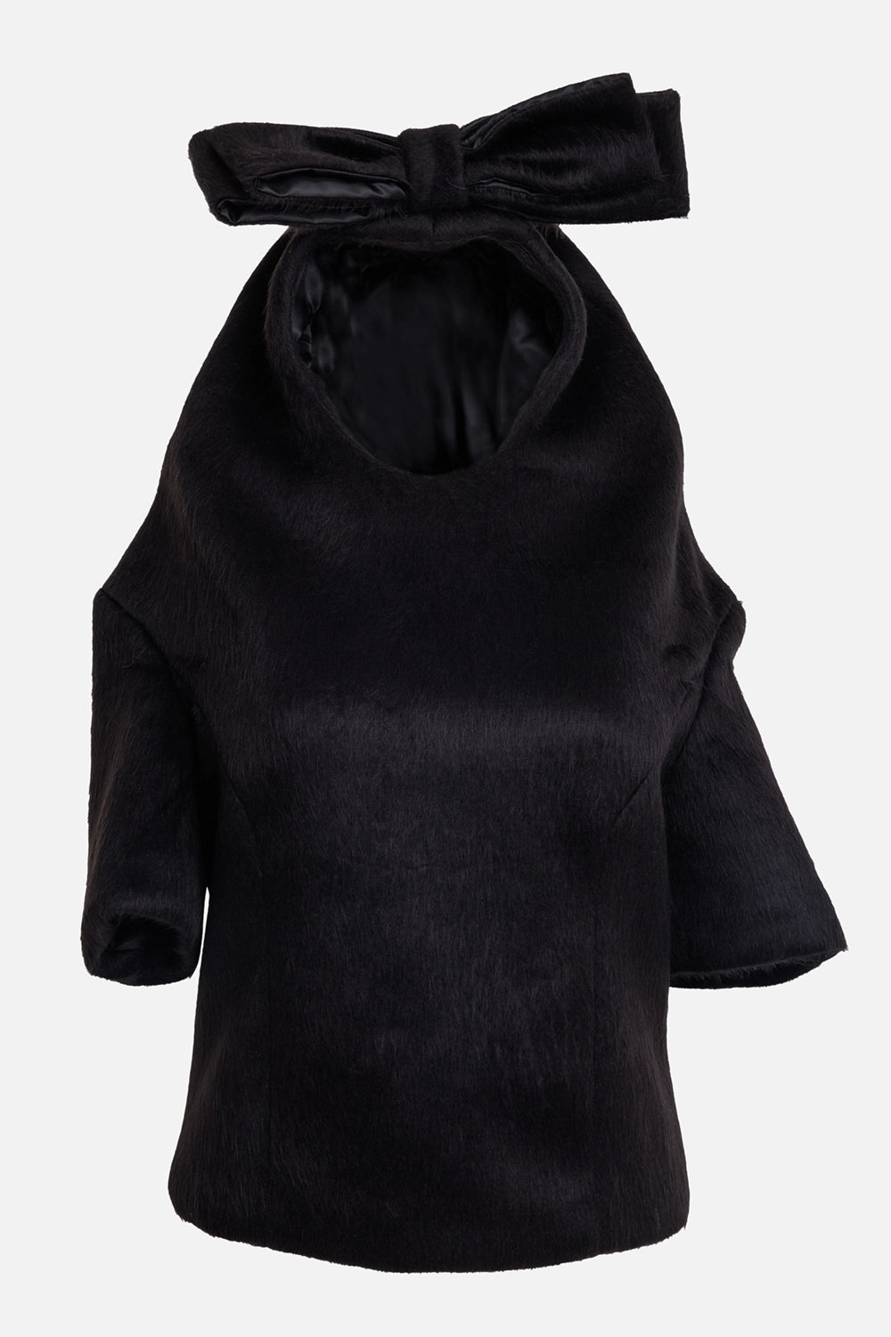 Vaquera women's black bow top, front view with oversized bow hood and faux-fur finish