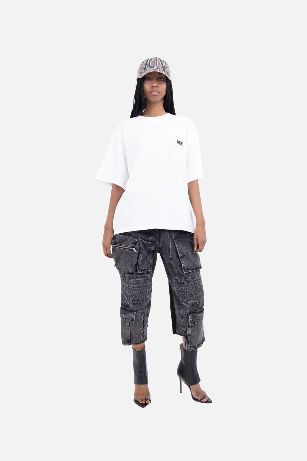 NZ robot bunny graphic T-shirt, oversized fit on model