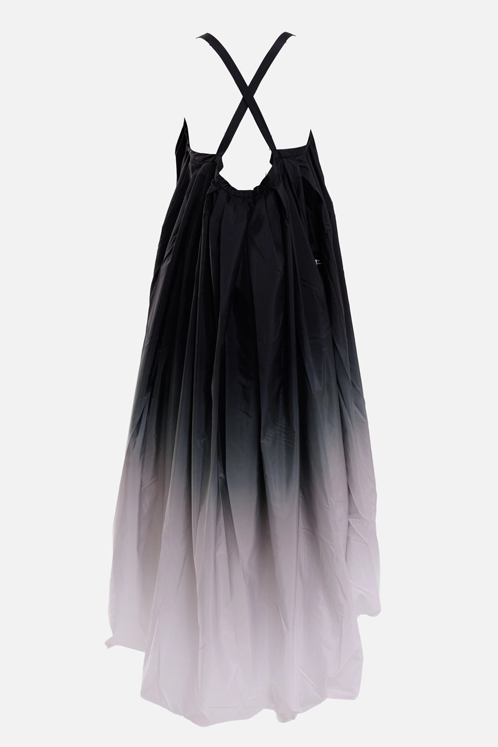 Norma Kamali women's ombre bubble dress in black and white, back view with crossed straps and open gathered back