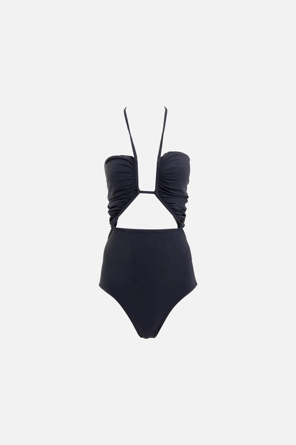 Rick Owens womens one-piece swimsuit in black, front view, ruched bandeau bust with halter straps and geometric cutout
