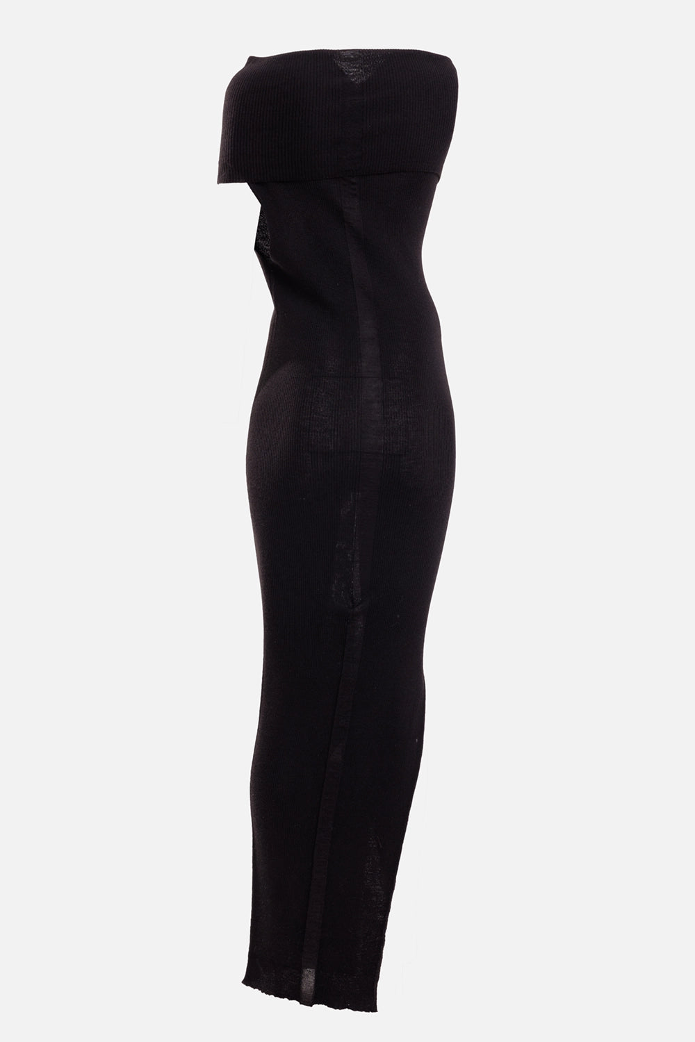 Rick Owens women's black ribbed wool maxi dress, back view with draped shoulder panel and centre-back seam