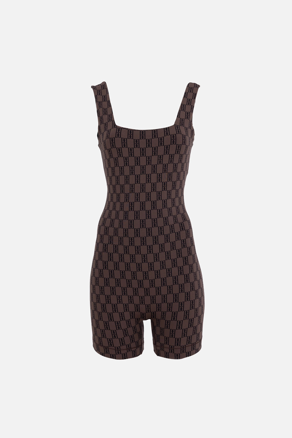 By Malene Birger women's onesie in dark mahogany, front view, slim fit with all-over monogram jacquard