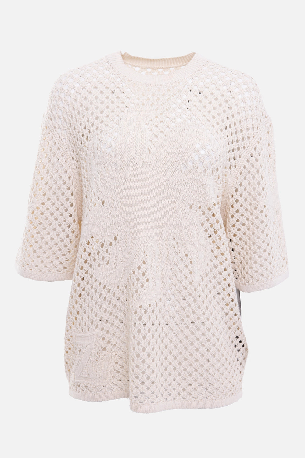 Zadig&Voltaire women's sweater in ecru, front view, crew neck with open crochet and raised jacquard motifs