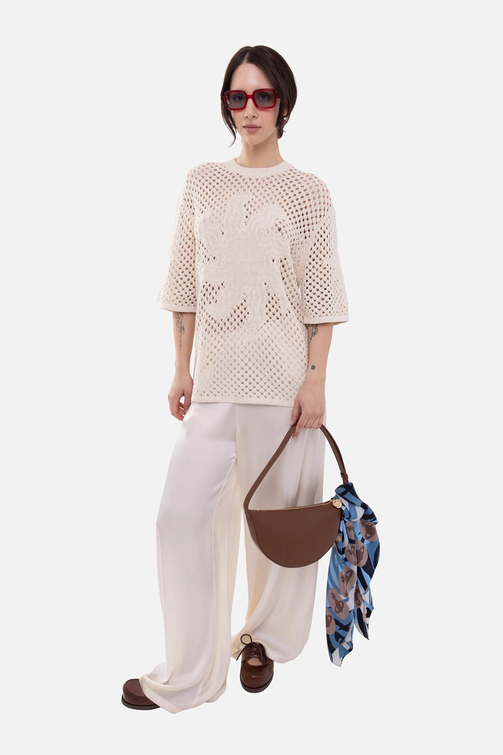 Zadig&Voltaire women's sweater in ecru, on-model full-length, open crochet body and wide short sleeves