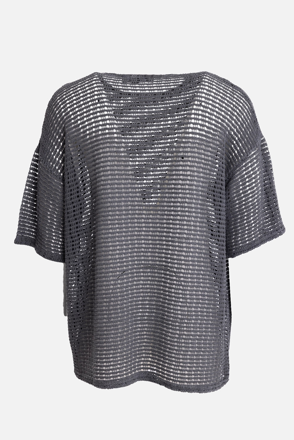 LA HAINE INSIDE US men's open-knit mesh T-shirt in gray, back view, plain back with loose sleeves and grid texture