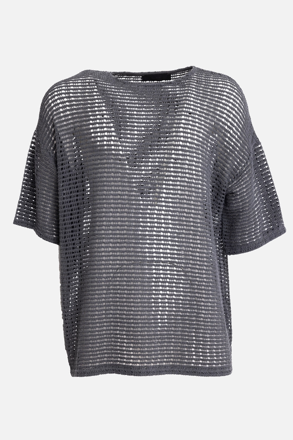 LA HAINE INSIDE US men's open-knit mesh T-shirt in gray, front view, dropped shoulders and see-through grid knit