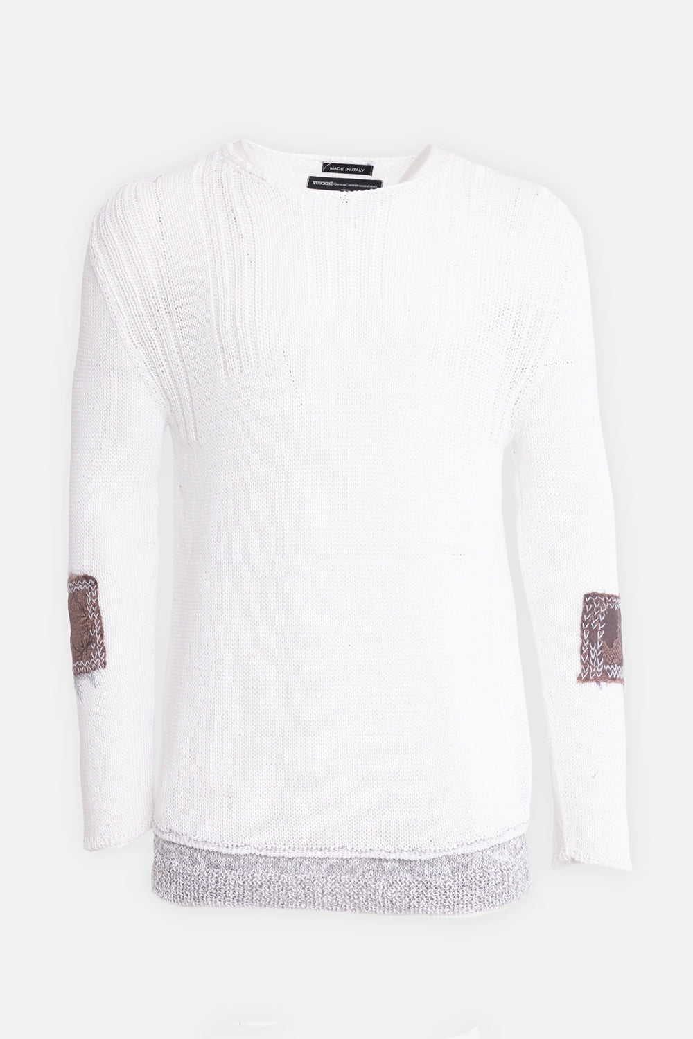 Vuscichè men's sweater in white, front view, open knit with brown elbow patches and grey hem