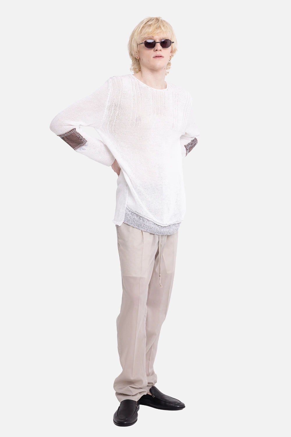 Vuscichè men's sweater in white, on-model full-length, brown elbow patches and grey ribbed hem