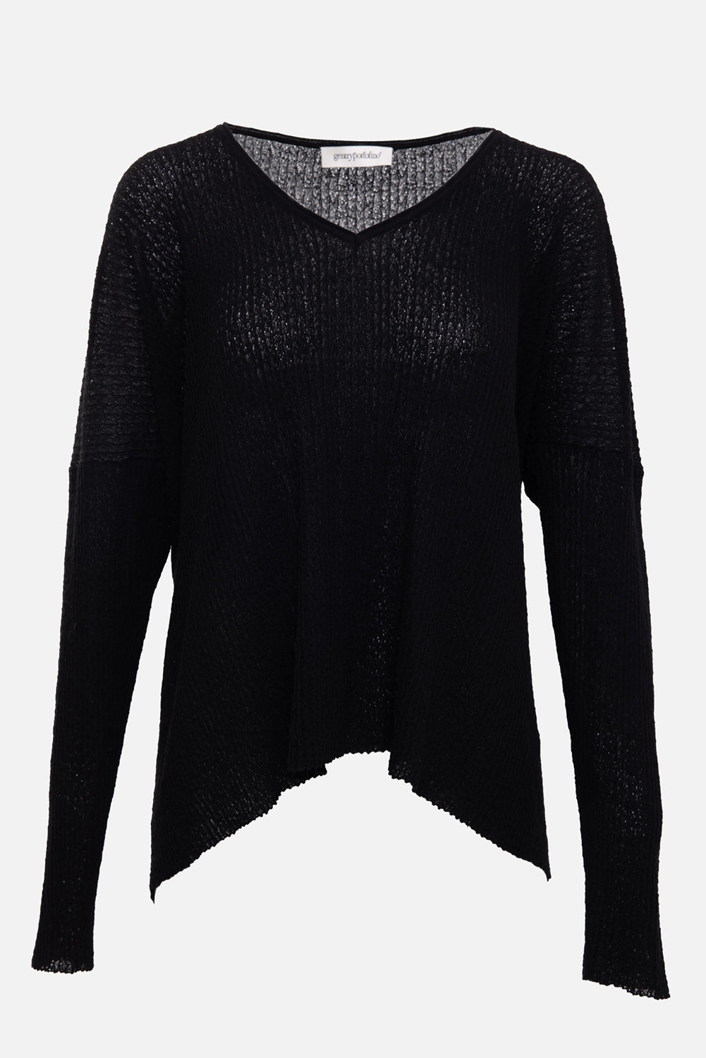 Gentry Portofino women's sweater in black, front view, V-neck open knit with asymmetric pointed hem
