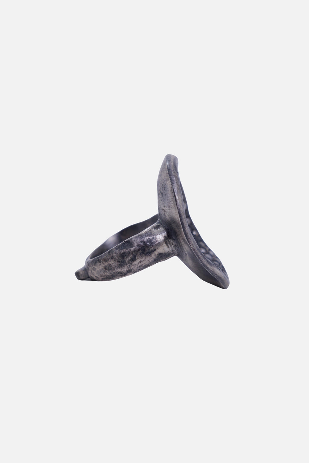 Kundo unisex open oval ring in blackened silver-tone, side view with a raised face and tapered textured band