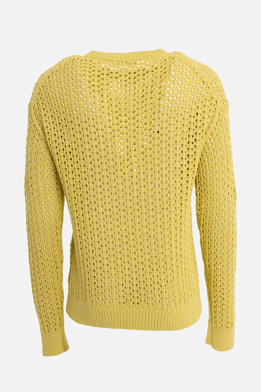 Helmut Lang men's crewneck sweater in chartreuse, back view with airy knit and dropped shoulders