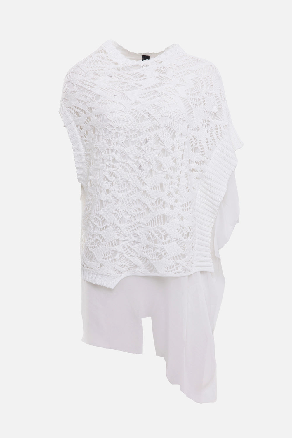 Gentry Portofino women's openwork layered top in white, front view, ribbed side trim and asymmetric sheer panel
