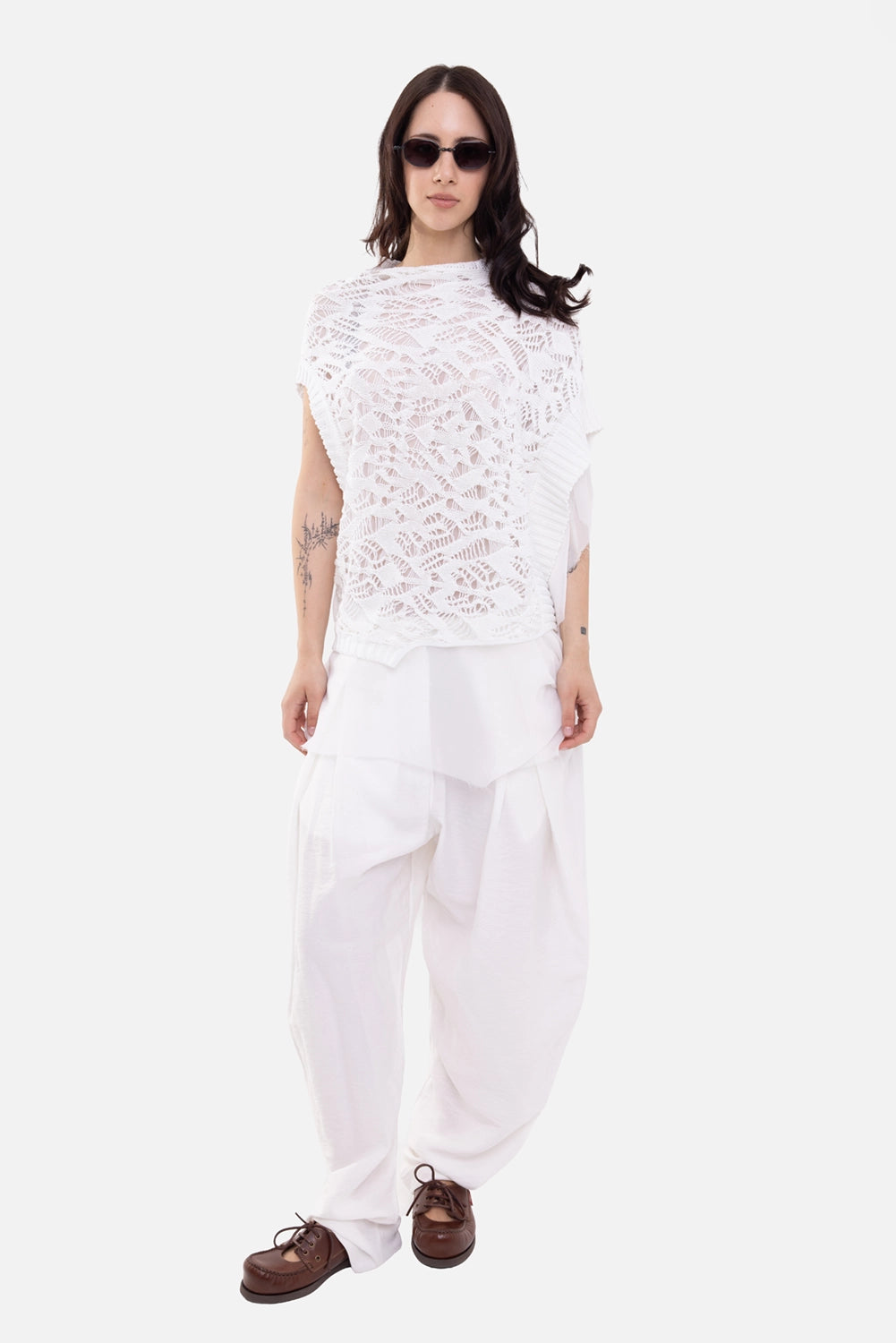 Gentry Portofino women's openwork layered top in white, on-model full-length, lace knit over sheer panel