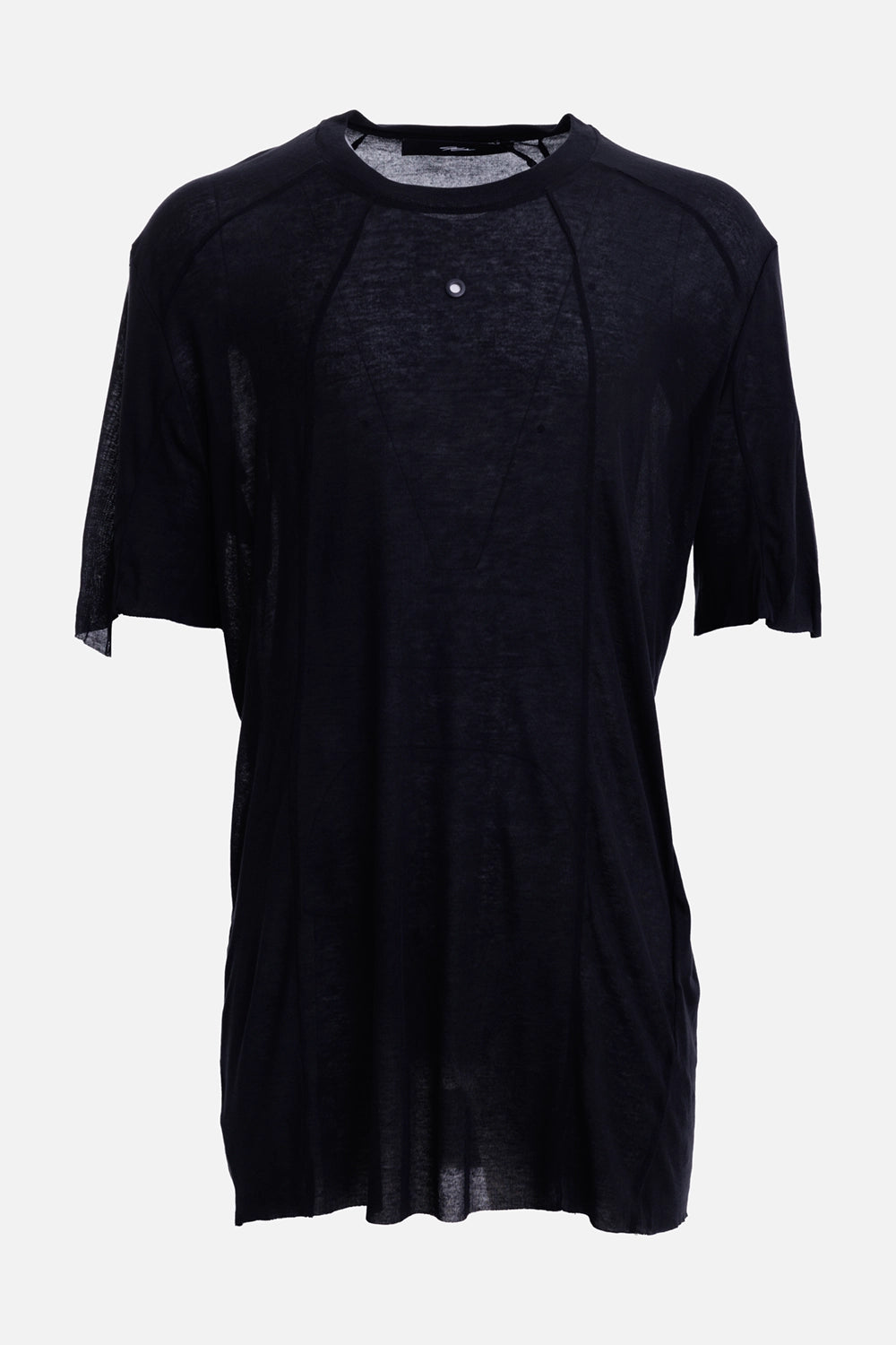 Justin Gall men's over base T-shirt in black enzyme, front view with chest eyelet and raglan panel seams
