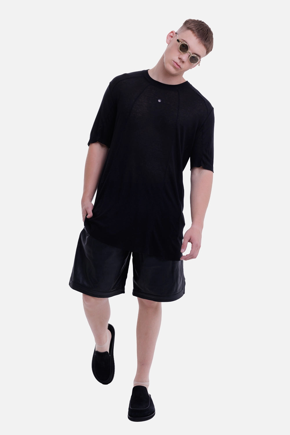 Justin Gall men's over base T-shirt in black enzyme, full-length on-model view with oversized fit