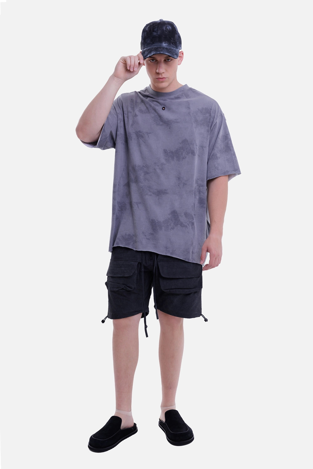 Justin Gall men's over base T-shirt in blotch grey, full-length on-model view with oversized fit