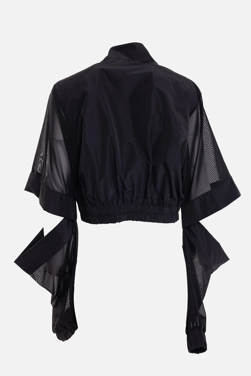 La Haine Inside Us women's bomber jacket in black, back view, elasticated hem and sheer tulle sleeve panels
