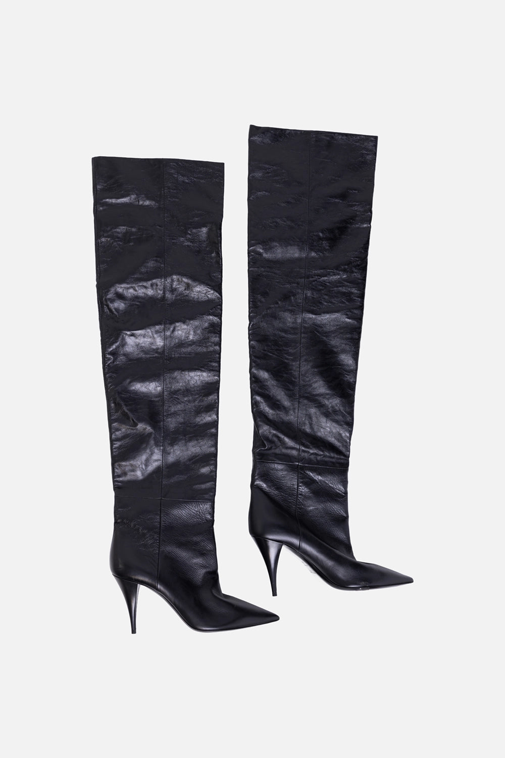Pre-owned Saint Laurent women’s over-the-knee boots in black, pair view, pointed toe and stiletto heel