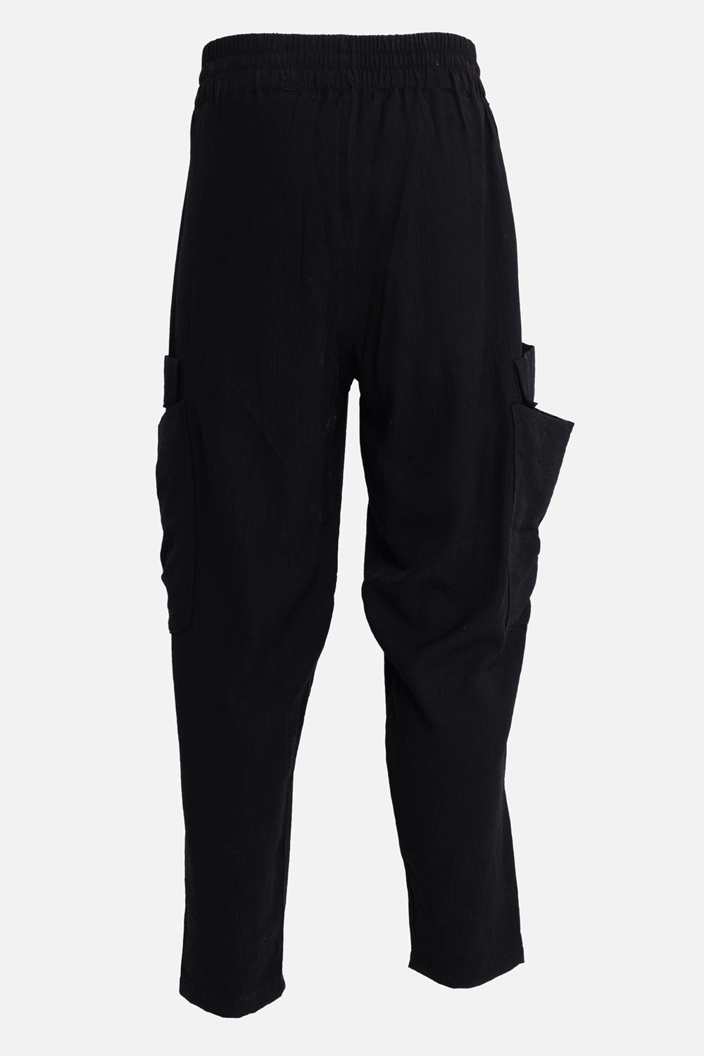 La Haine Inside Us men's over trousers in black, back view with elastic waist and vertical striped texture