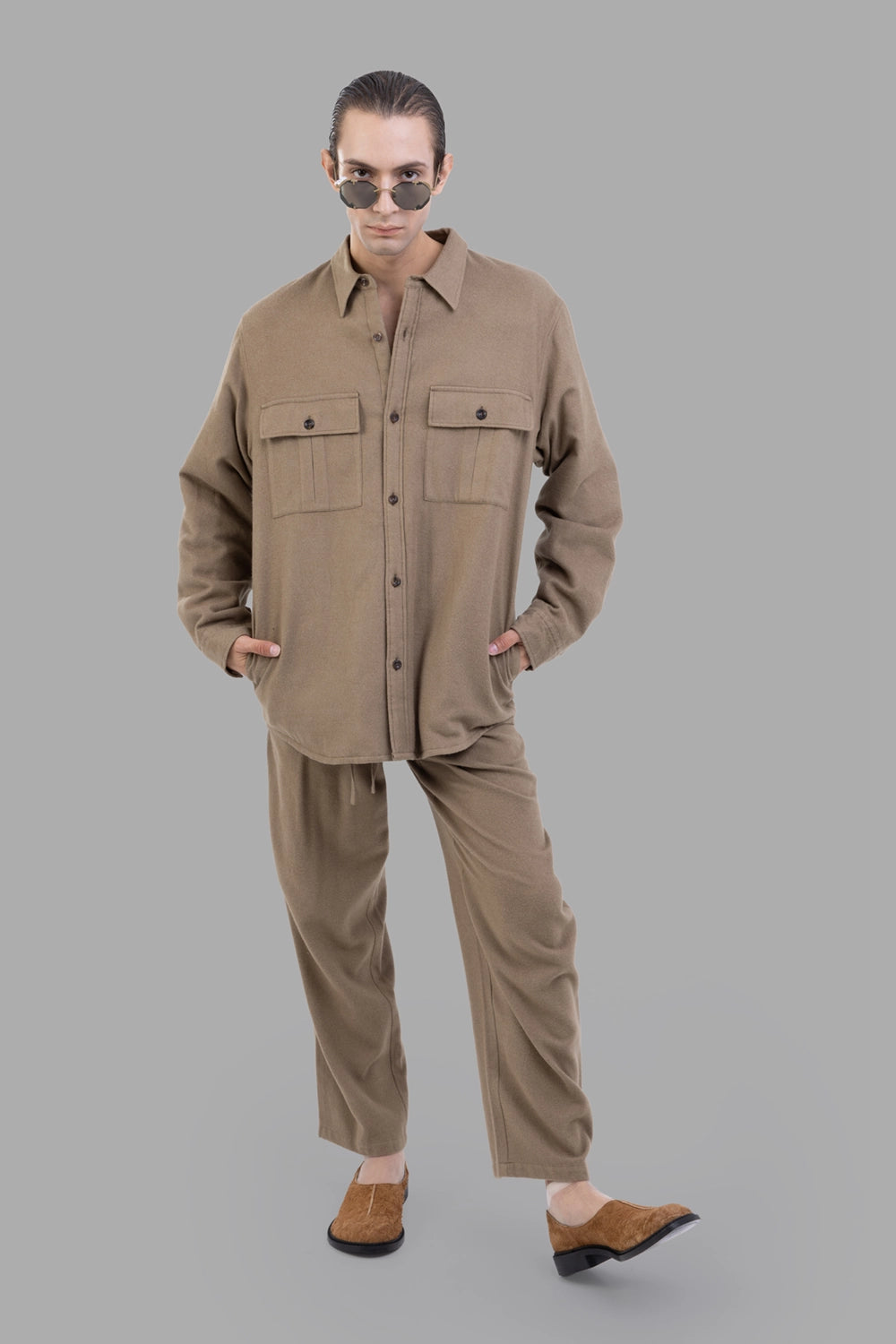 Attachment overshirt in camel, on-model full length, relaxed fit and curved hem