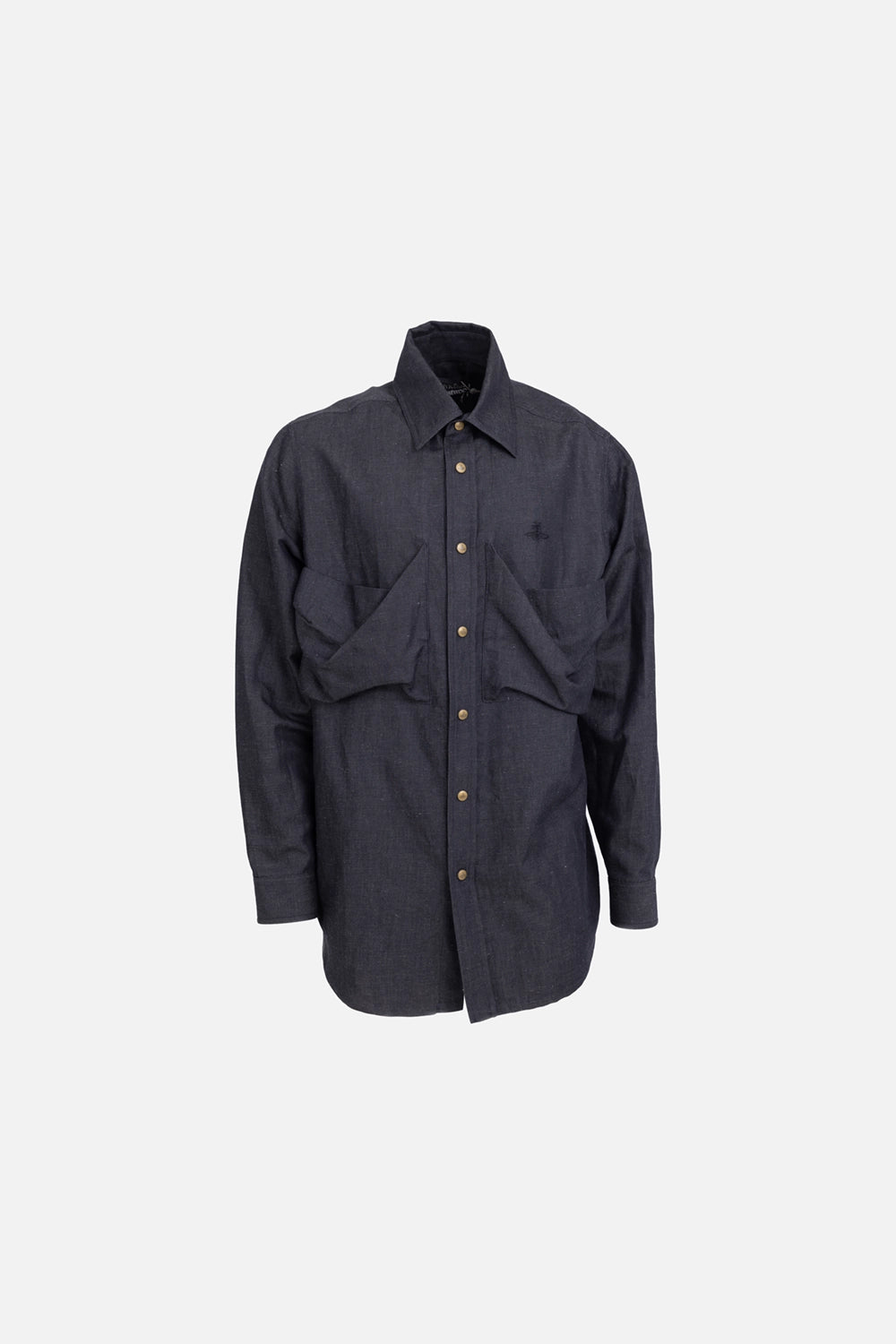 Vivienne Westwood men’s overshirt in navy, front view, two oversized pleated pockets and buttoned cuffs