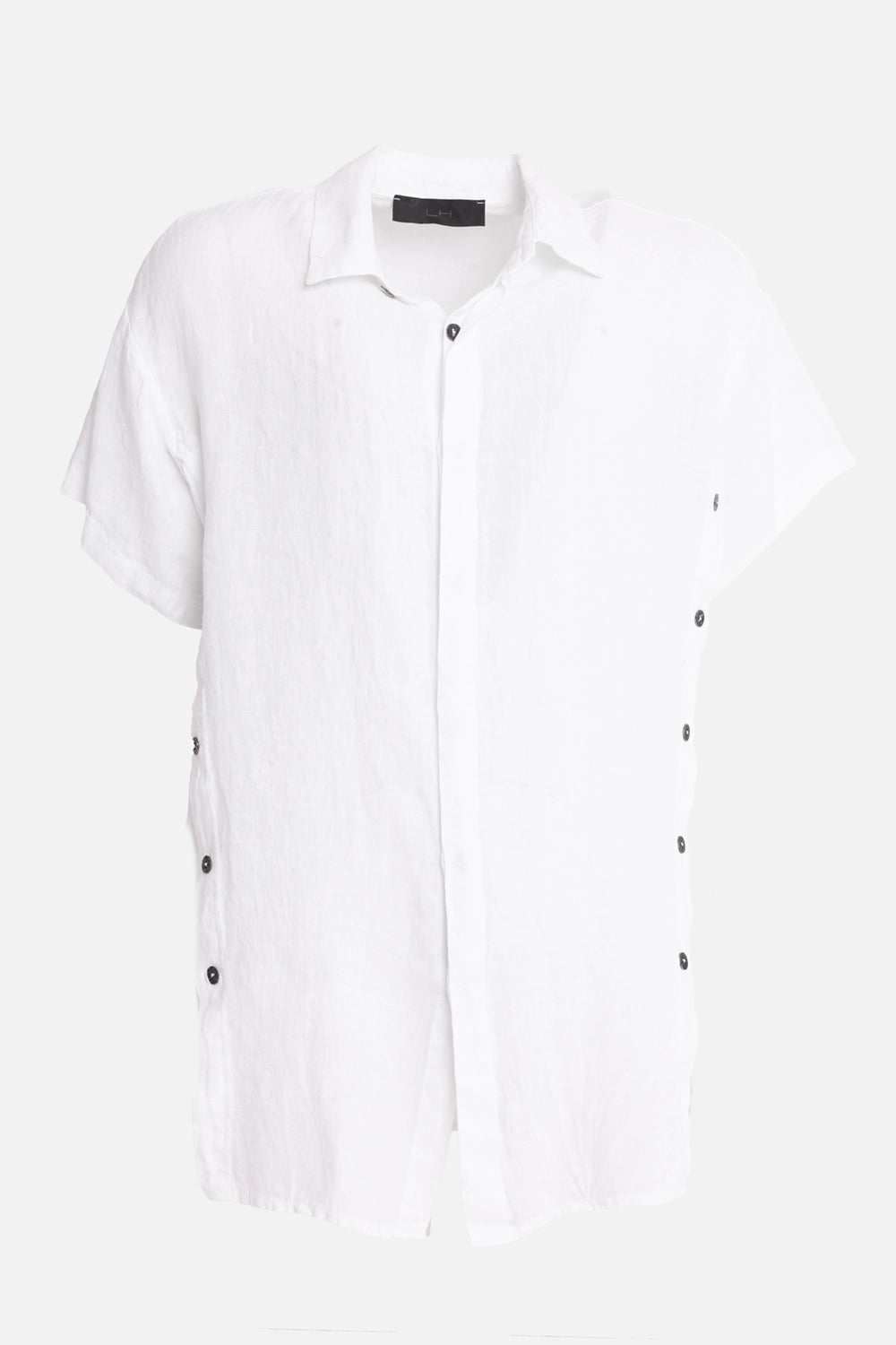 La Haine Inside Us men's overshirt in white, front view, hidden placket and buttoned side panels