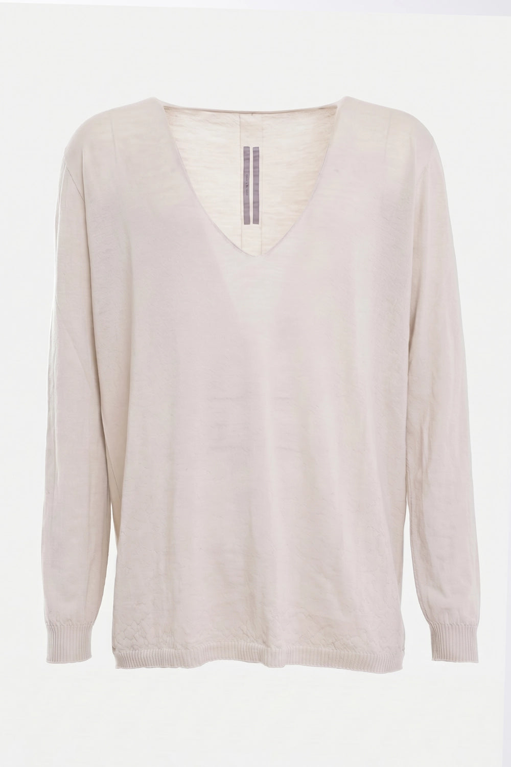 Rick Owens men's sweater in sand, front view with extreme V-neck and ribbed cuffs