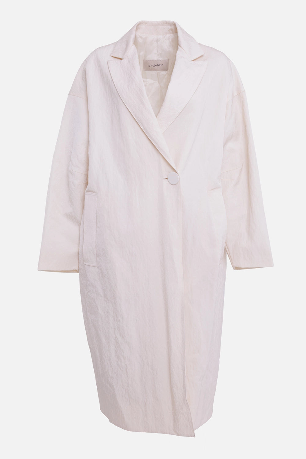 Gentry Portofino women's oversized coat in ecru, front view with single button and welt pockets