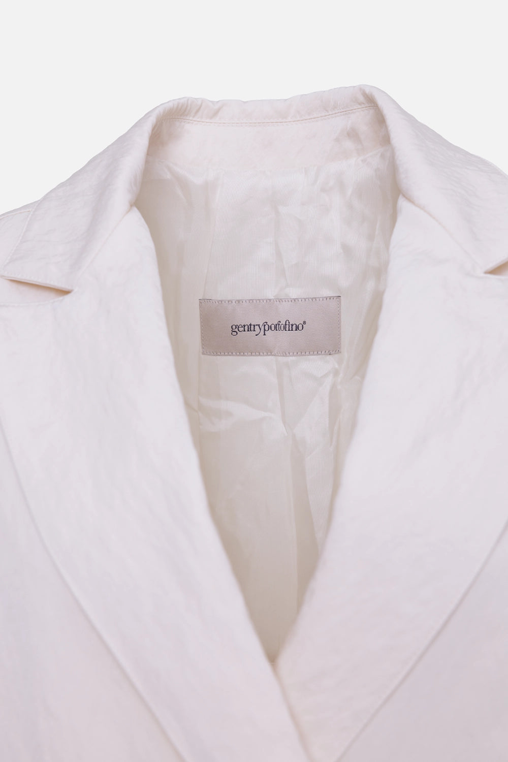 Gentry Portofino women's oversized coat in ecru, label view with notched lapels and crinkled lining