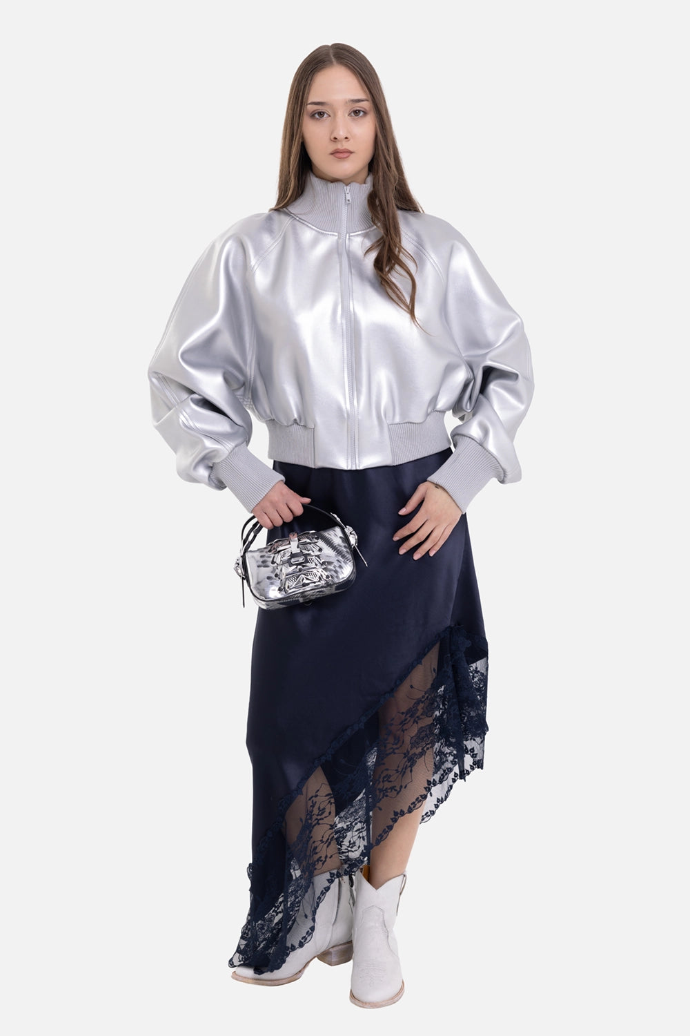 Norma Kamali women's bomber jacket in silver, on-model full-length view, oversized sleeves and high collar