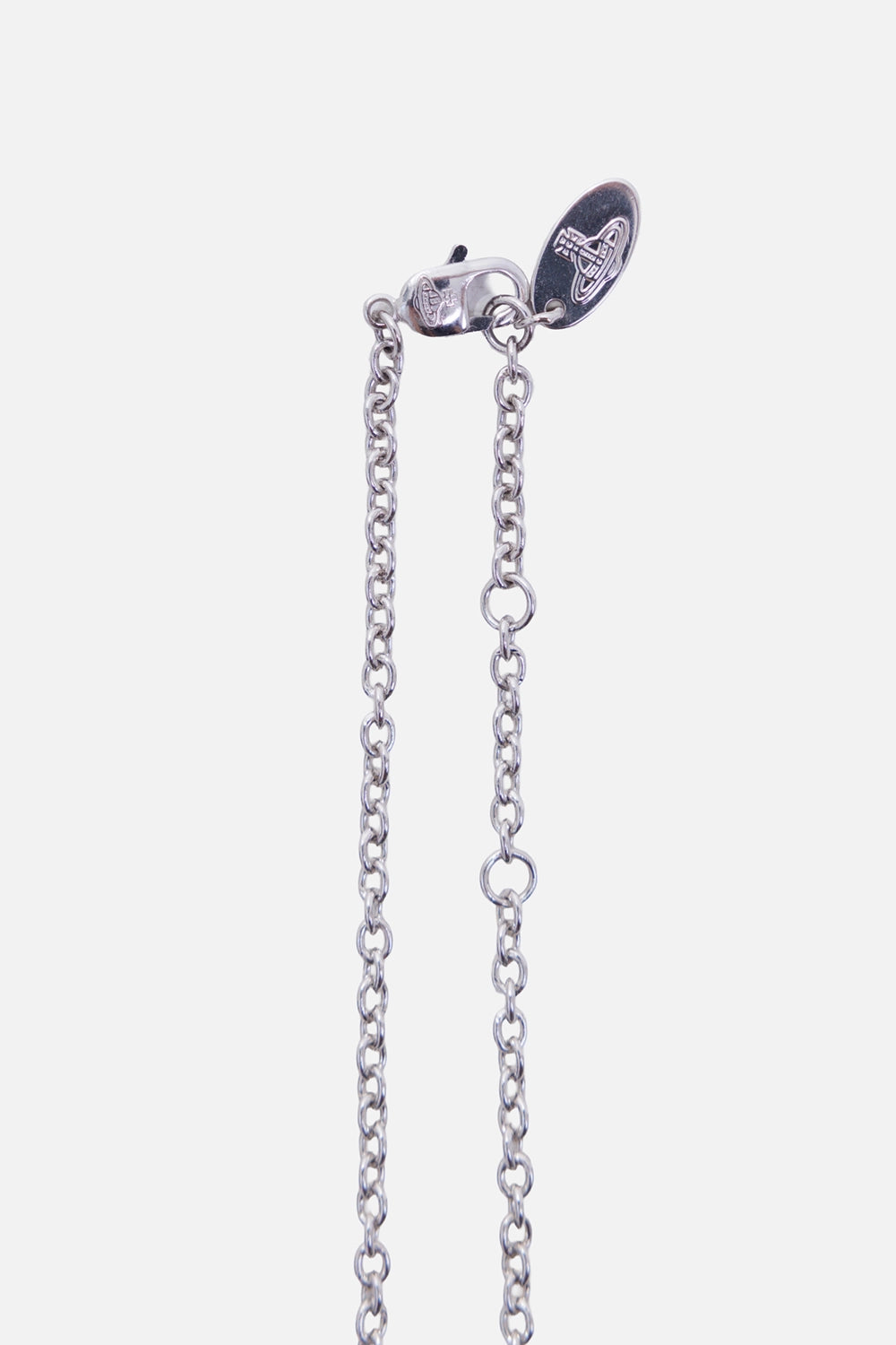 Vivienne Westwood women's Ovidia necklace in platinum, clasp detail with extender rings and engraved Orb tag