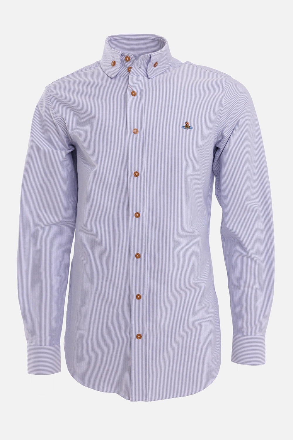 Vivienne Westwood men's Oxford shirt in Ink Stripe, front view with brown buttons, chest Orb and curved hem