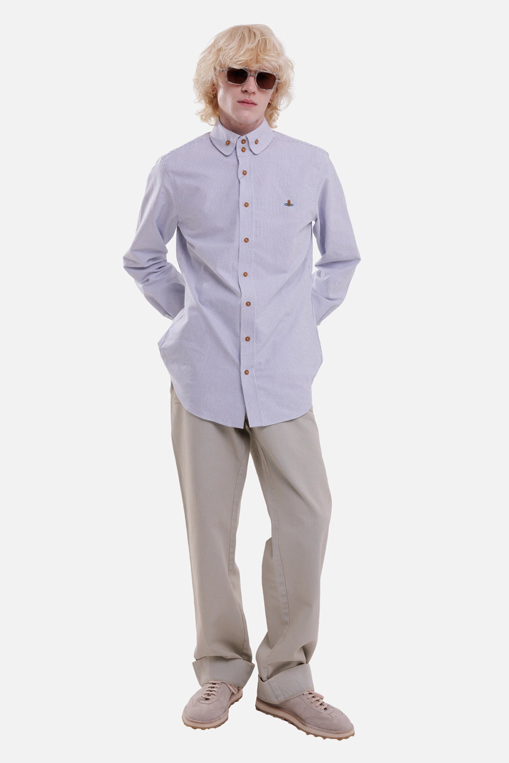 Vivienne Westwood men's Oxford shirt in Ink Stripe, full-length view with two-button collar and embroidered Orb